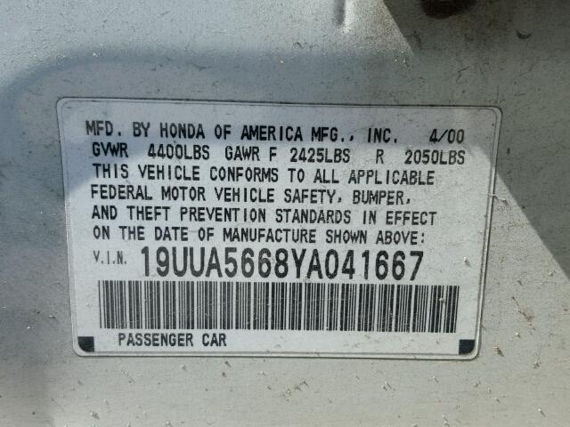 19UUA5668YA041667 - 2000 ACURA 3.2TL WHITE photo 10