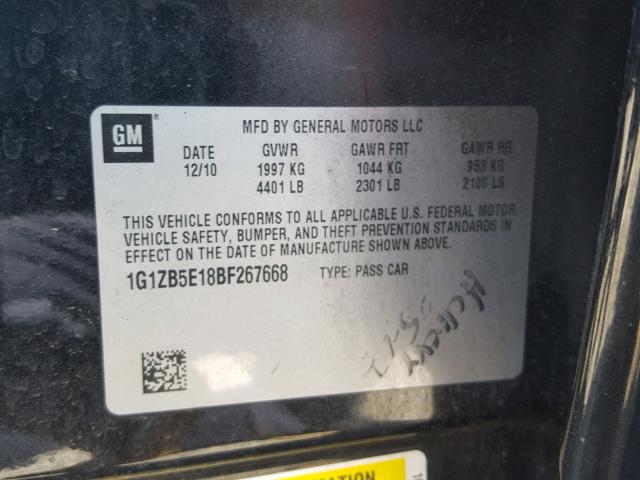 1G1ZB5E18BF267668 - 2011 CHEVROLET MALIBU LS გრაფიტი ფოტო 10