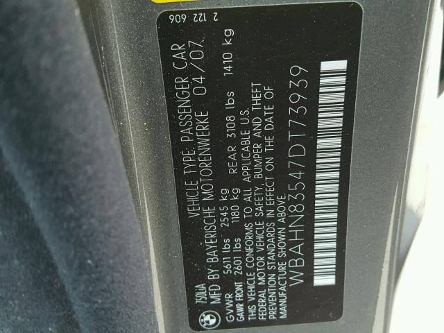 WBAHN83547DT73939 - 2007 BMW 750 GRAY photo 10