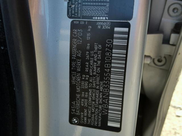 WBANB33554B108730 - 2004 BMW 545 I SILVER photo 10