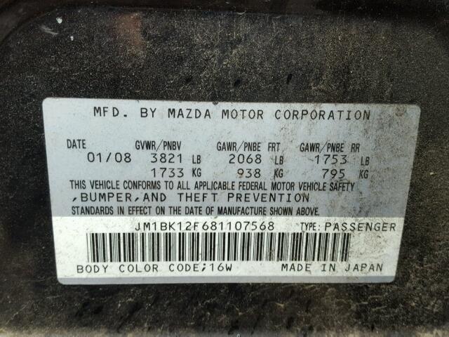 JM1BK12F681107568 - 2008 MAZDA 3 BLACK photo 10