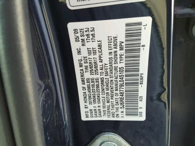 5J6RE48779L045105 - 2009 HONDA CR-V EXL 蓝色 照片 10