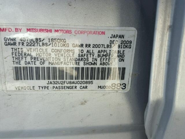 JA32U2FU8AU020895 - 2010 MITSUBISHI LANCER ES/ SILVER photo 10