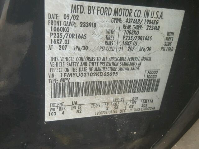 1FMYU03102KD65695 - 2002 FORD ESCAPE BLACK photo 10