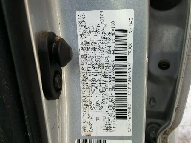 3TMJU62N27M038227 - 2007 TOYOTA TACOMA DOU SILVER photo 10