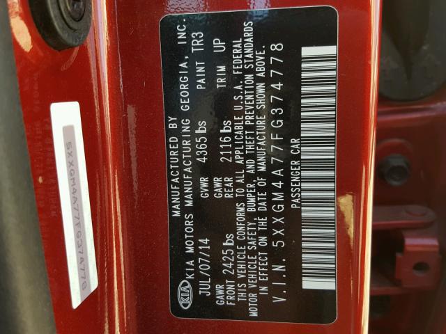 5XXGM4A77FG374778 - 2015 KIA OPTIMA LX RED photo 10