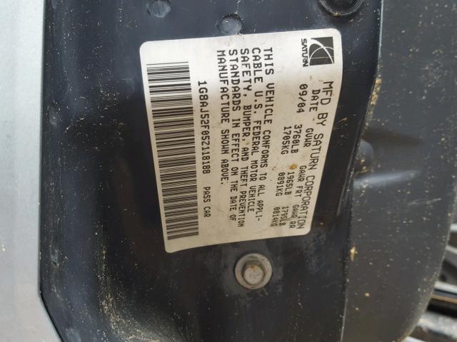 1G8AJ52F05Z118188 - 2005 SATURN ION LEVEL SILVER photo 10