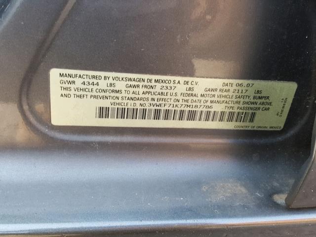 3VWEF71K77M187786 - 2007 VOLKSWAGEN JETTA WOLF 灰色 照片 10