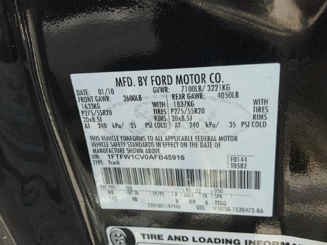 1FTFW1CV0AFB45916 - 2010 FORD F150 SUPER BLACK photo 10