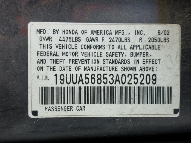 19UUA56853A025209 - 2003 ACURA 3.2TL GRAY photo 10