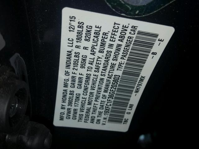 19XFC1F36GE205803 - 2016 HONDA CIVIC EX GRAY photo 10