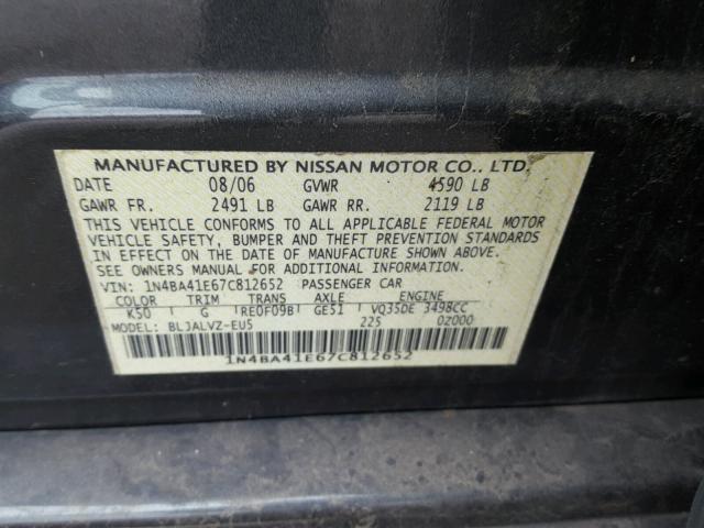 1N4BA41E67C812652 - 2007 NISSAN MAXIMA SE GRAY photo 10