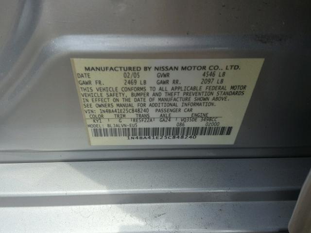 1N4BA41E25C848240 - 2005 NISSAN MAXIMA SE SILVER photo 10