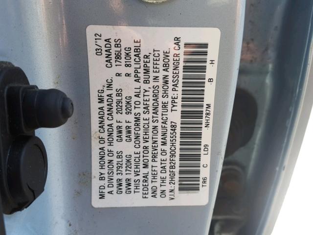 2HGFB2F90CH555487 - 2012 HONDA CIVIC EXL 蓝色 照片 10