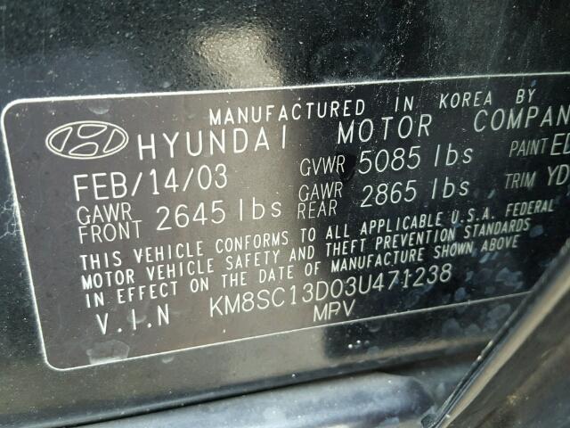 KM8SC13D03U471238 - 2003 HYUNDAI SANTA FE G BLACK photo 10