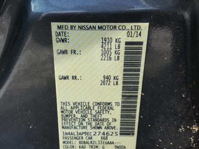 1N4AL3AP9EC274625 - 2014 NISSAN ALTIMA GRAY photo 10