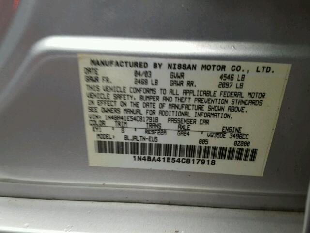 1N4BA41E54C817918 - 2004 NISSAN MAXIMA SE GRAY photo 10