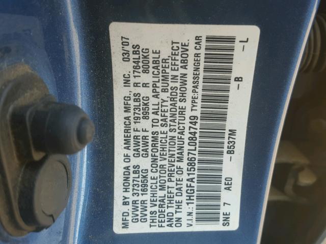 1HGFA15867L084749 - 2007 HONDA CIVIC EX Көк фото 10