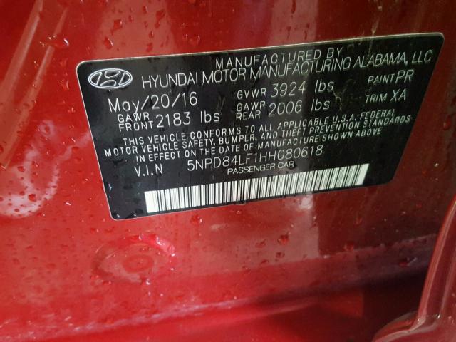 5NPD84LF1HH080618 - 2017 HYUNDAI ELANTRA SE RED photo 10