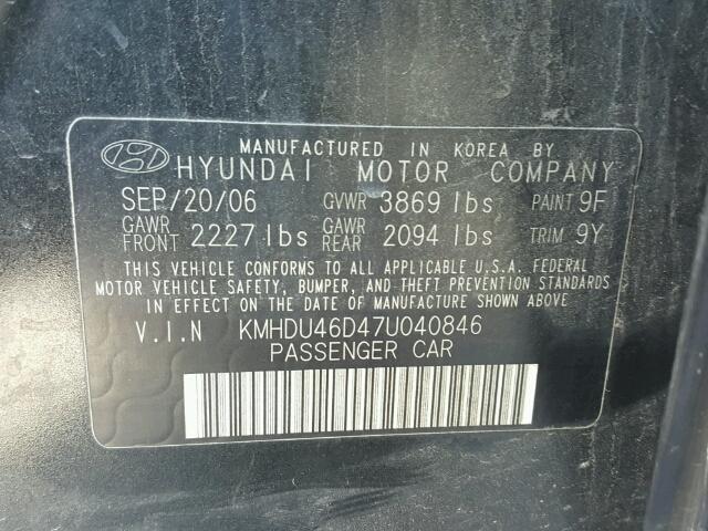 KMHDU46D47U040846 - 2007 HYUNDAI ELANTRA BLACK photo 10