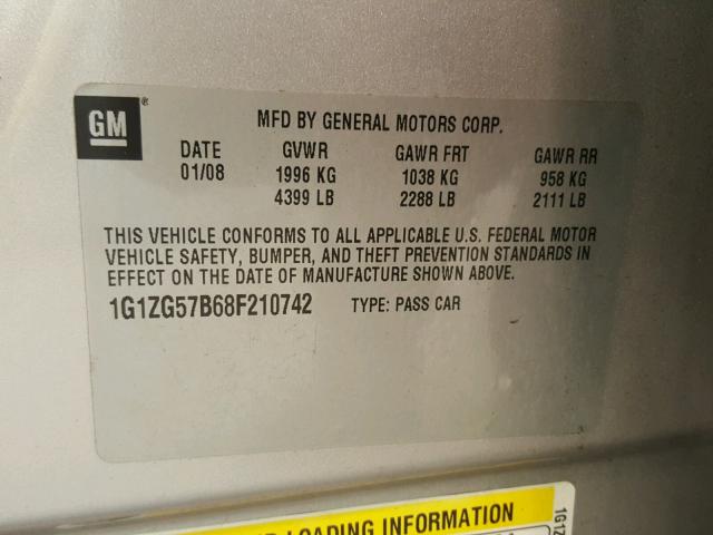 1G1ZG57B68F210742 - 2008 CHEVROLET MALIBU LS SILVER photo 10