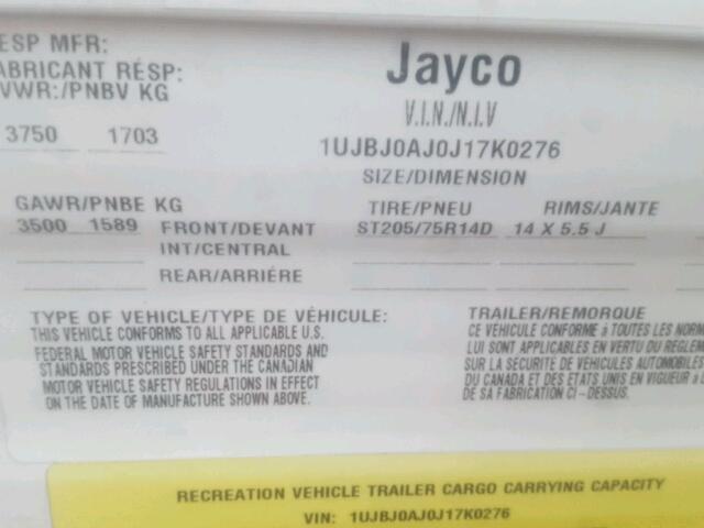 1UJBJ0AJ0J17K0276 - 2018 JAYCO JAY FLIGHT  WHITE photo 10