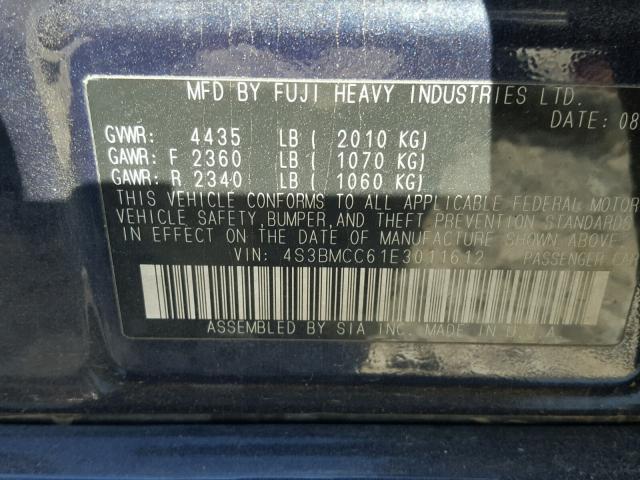 4S3BMCC61E3011612 - 2014 SUBARU LEGACY BLUE photo 10