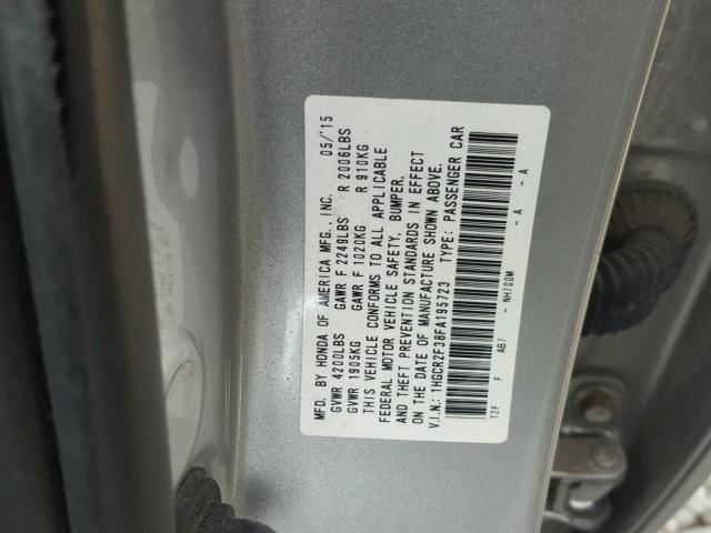 1HGCR2F38FA195723 - 2015 HONDA ACCORD LX SILVER photo 10