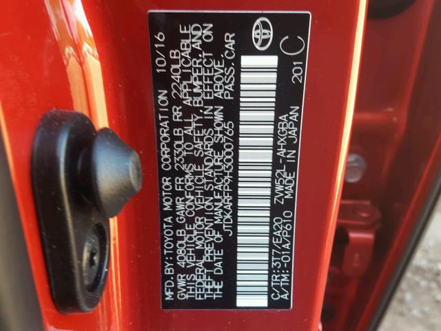 JTDKARFP9H3000765 - 2017 TOYOTA PRIUS PRIM RED photo 10