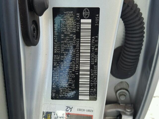 4T1BK3DBXBU409663 - 2011 TOYOTA AVALON BAS SILVER photo 10