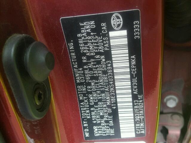 4T1BE32K54U336943 - 2004 TOYOTA CAMRY LE RED photo 10