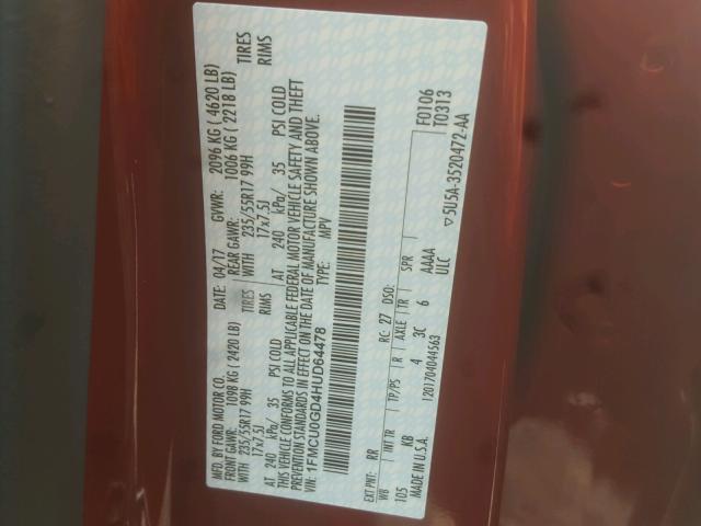 1FMCU0GD4HUD64478 - 2017 FORD ESCAPE SE RED photo 10