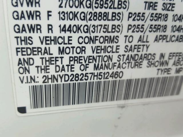 2HNYD28257H512460 - 2007 ACURA MDX WHITE photo 10