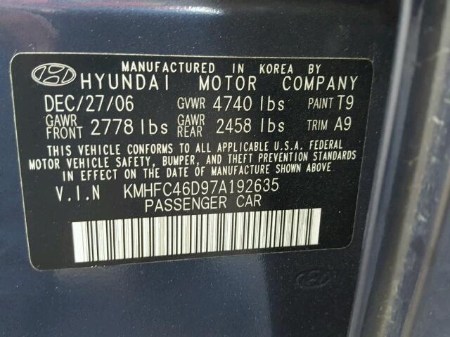 KMHFC46D97A192635 - 2007 HYUNDAI AZERA GLS BLUE photo 10