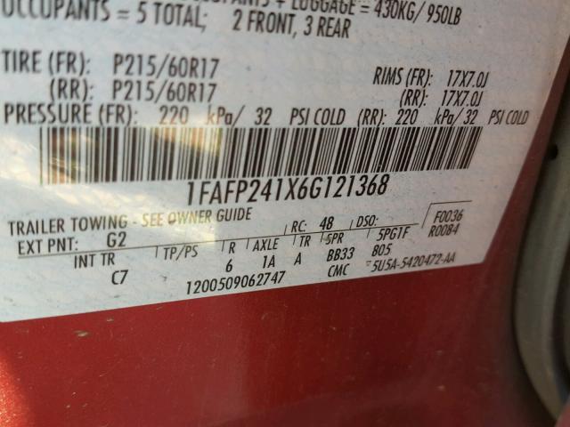 1FAFP241X6G121368 - 2006 FORD FIVE HUNDR RED photo 10