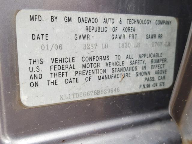 KL1TD66676B629646 - 2006 CHEVROLET AVEO BASE Сұр фото 10