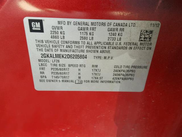 2GKALMEK2D6205804 - 2013 GMC TERRAIN RED photo 10