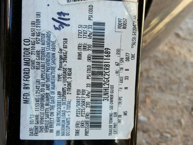 3LNHL2GC2CR811689 - 2012 LINCOLN MKZ შავი ფოტო 10