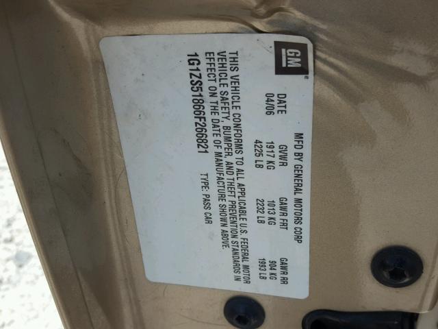 1G1ZS51866F266821 - 2006 CHEVROLET MALIBU LS ბეჟი ფოტო 10