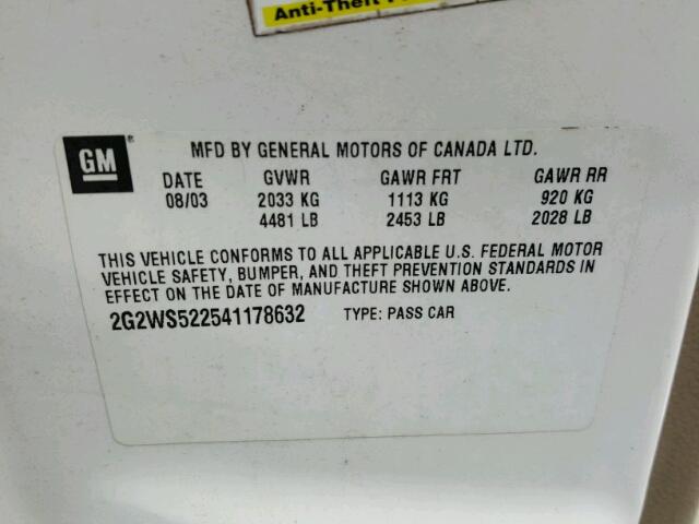 2G2WS522541178632 - 2004 PONTIAC GRAND PRIX WHITE photo 10