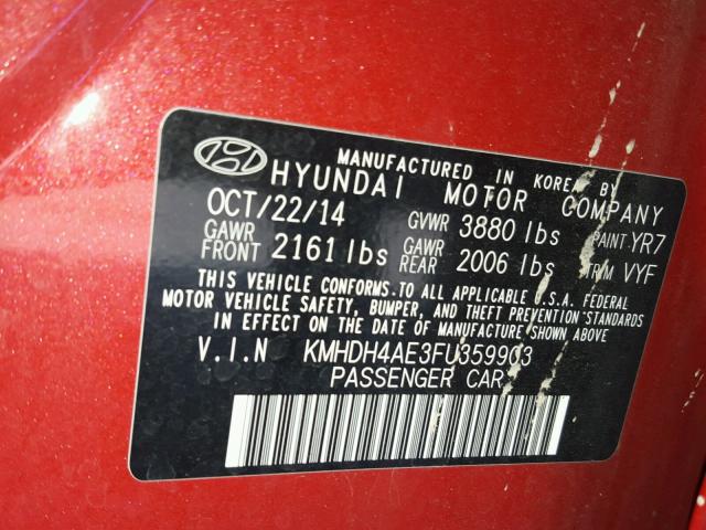 KMHDH4AE3FU359903 - 2015 HYUNDAI ELANTRA SE RED photo 10