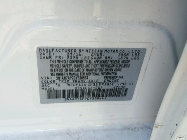 3N1AB7AP7GY338663 - 2016 NISSAN SENTRA S WHITE photo 10