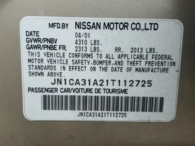 JN1CA31A21T112725 - 2001 NISSAN MAXIMA GXE GOLD photo 10