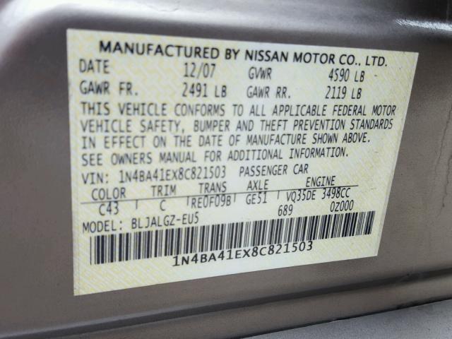 1N4BA41EX8C821503 - 2008 NISSAN MAXIMA SE GOLD photo 10