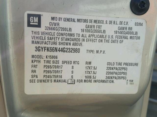 3GYFK66N44G232980 - 2004 CADILLAC ESCALADE E GRAY photo 10