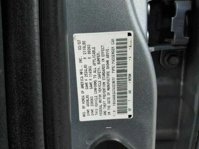 19UUA66247A023877 - 2007 ACURA TL SILVER photo 10