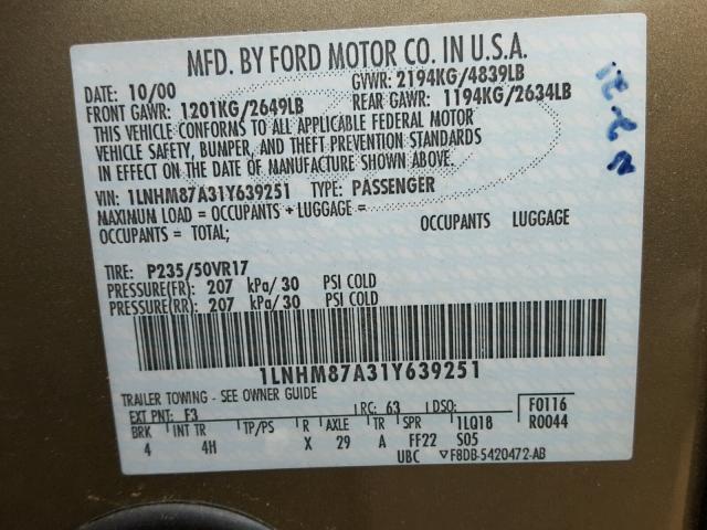 1LNHM87A31Y639251 - 2001 LINCOLN LS 棕色 照片 10