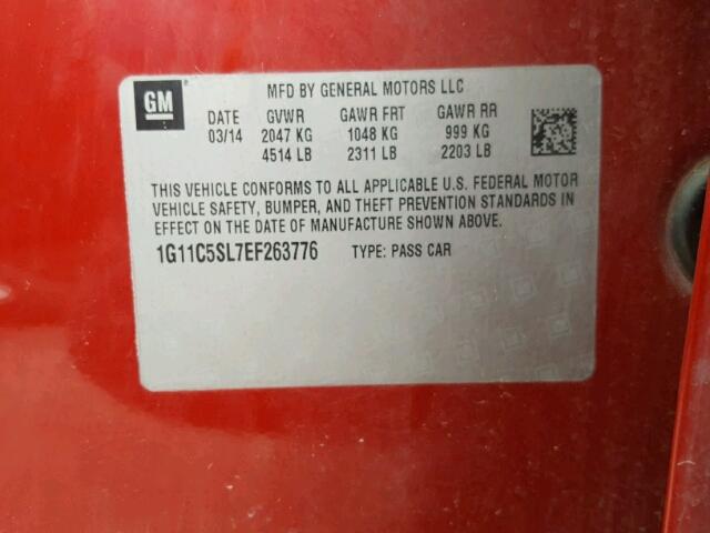 1G11C5SL7EF263776 - 2014 CHEVROLET MALIBU 1LT RED photo 10