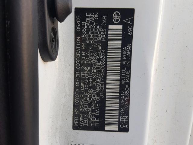 JTKDE177X60066374 - 2006 TOYOTA SCION TC 白色 照片 10