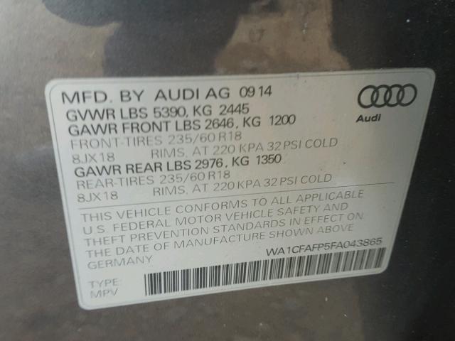 WA1CFAFP5FA043865 - 2015 AUDI Q5 GRAY photo 10